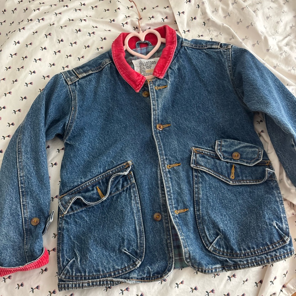 Vintage London Fog Kids' Blue Denim barn Jacket with red Corduroy Trim